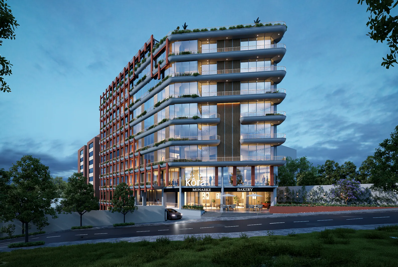 Fachada del edificio KÔRA Urban Soul al atardecer